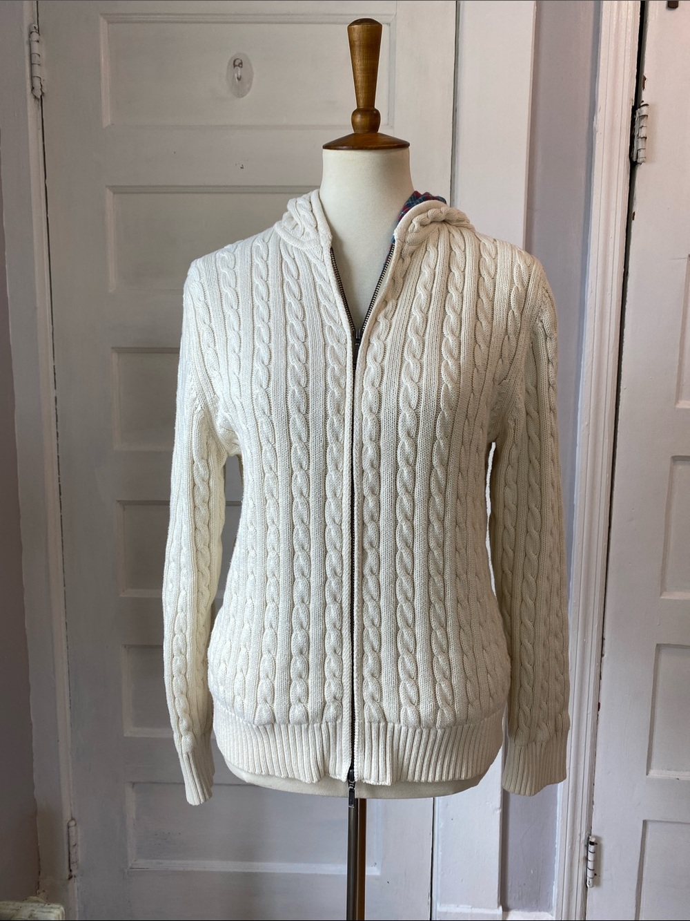 L.L. Bean Y2K Cotton Cable Knit Hooded Zip Front Sweater, Size S